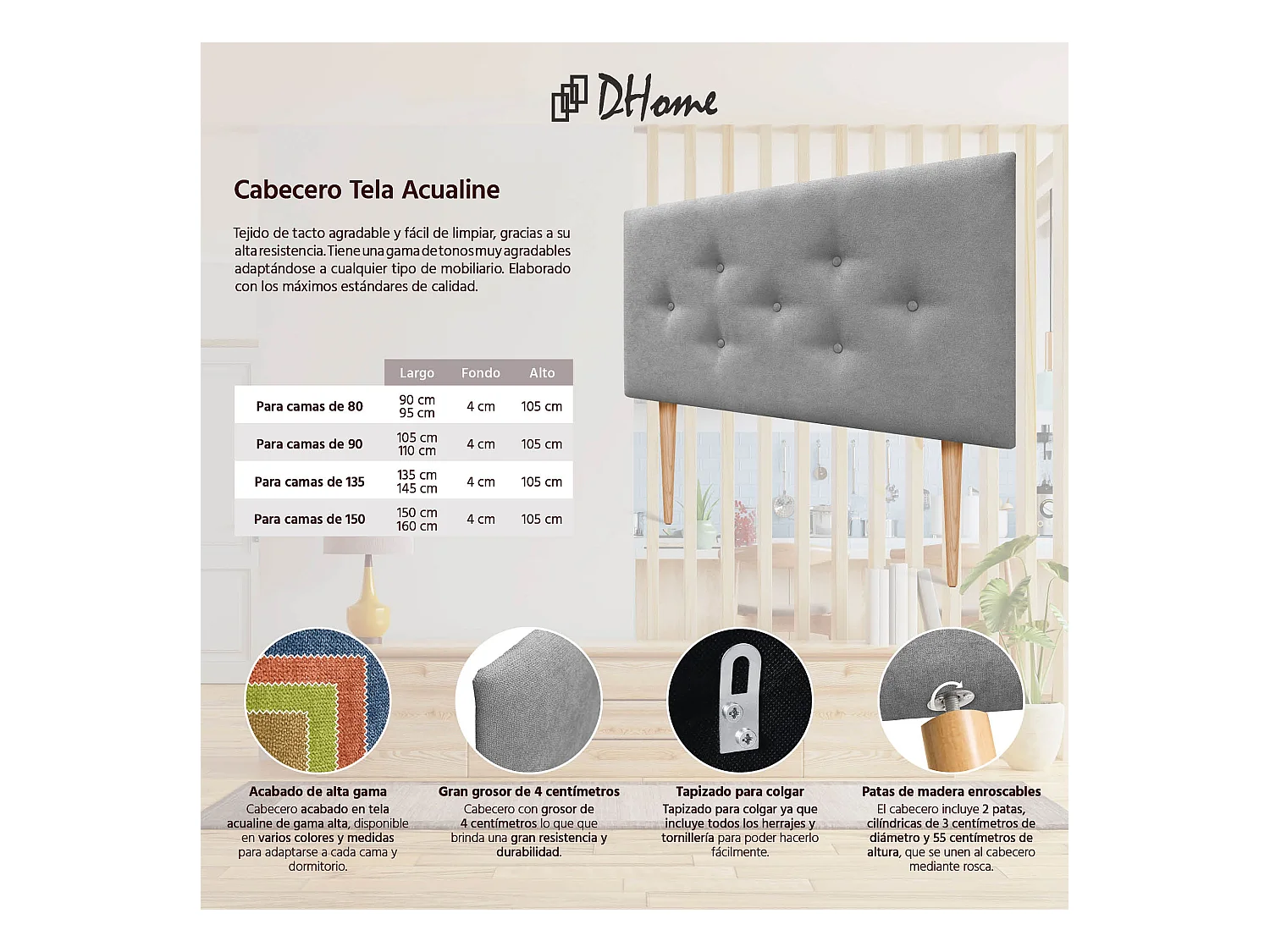 DHOME Tête de Lit en Tissu ACUALINE avec 3 Rangées Entrelacées de Boutons et Pieds Tête de Lit Capitonnée de Luxe(Gris, 95cm)