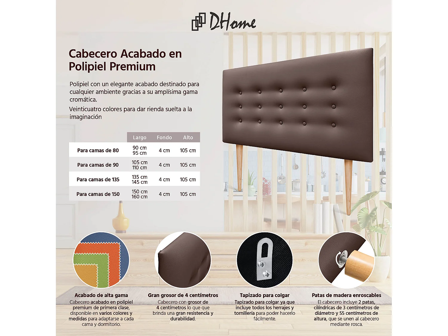 DHOME Tête de lit en simili cuir avec 3 rangées de boutons Tête de lit rembourrée pour lit de luxe (Chocolat, 90cm)