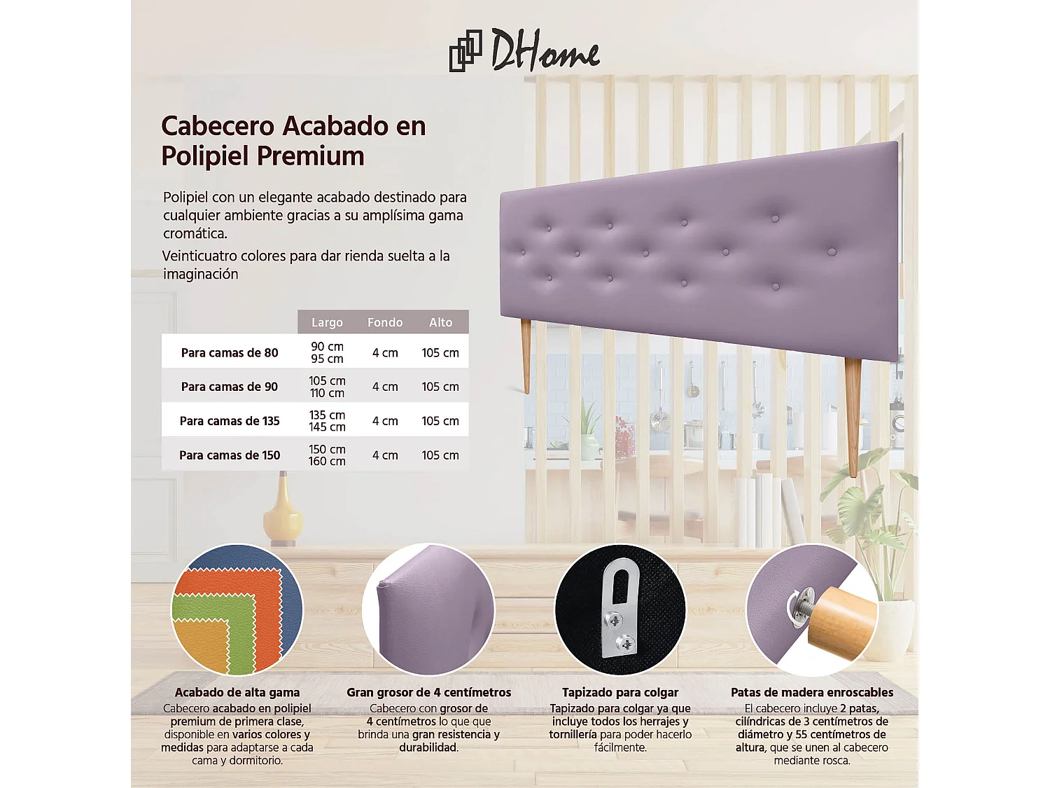 DHOME Cabeceira em couro sintético com 3 fileiras de botões entrelaçados Cabeceira estofada para cama de luxo (Lilás, 150cm)