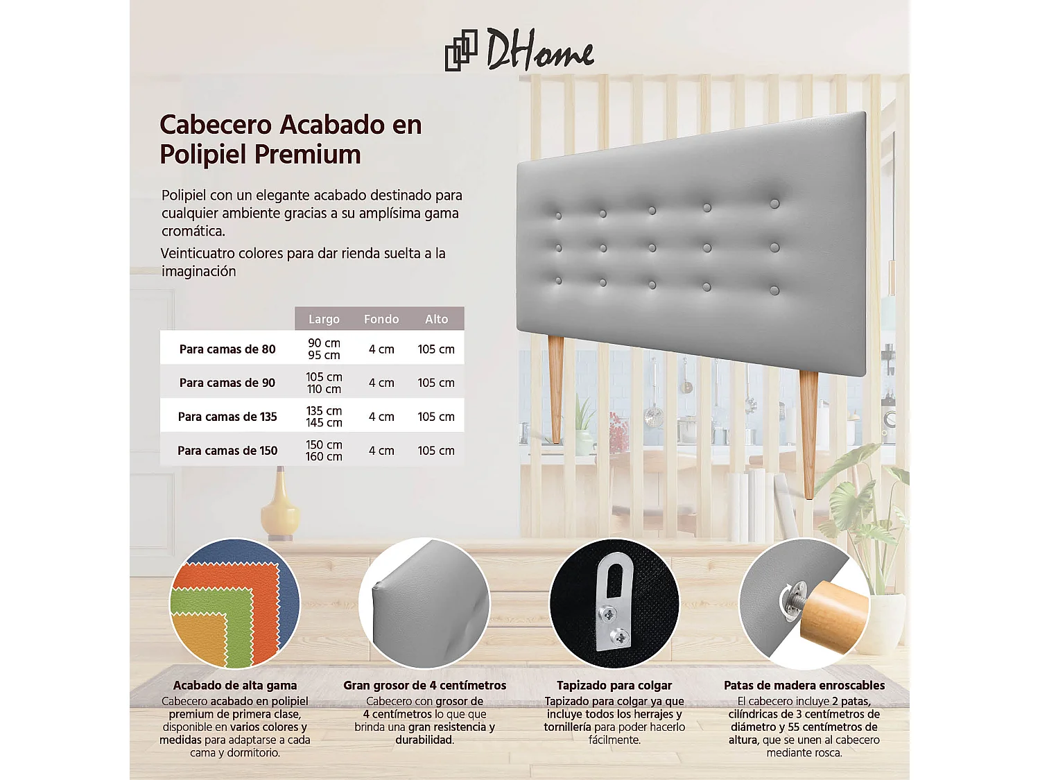 DHOME Cabeceira em couro sintético com 3 fileiras de botões Cabeceira estofada para cama de luxo (Cinza, 110cm)