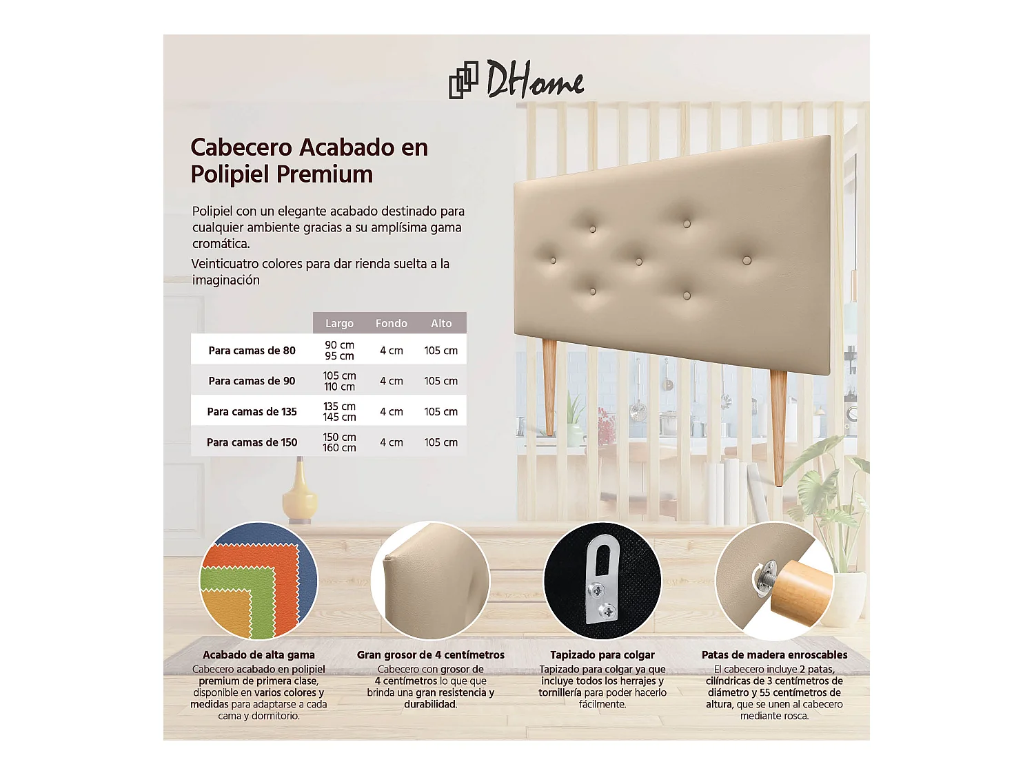 DHOME Tête de lit en simili cuir avec 3 rangées de boutons entrelacés Tête de lit rembourrée pour lit de luxe (Beige, 110cm)