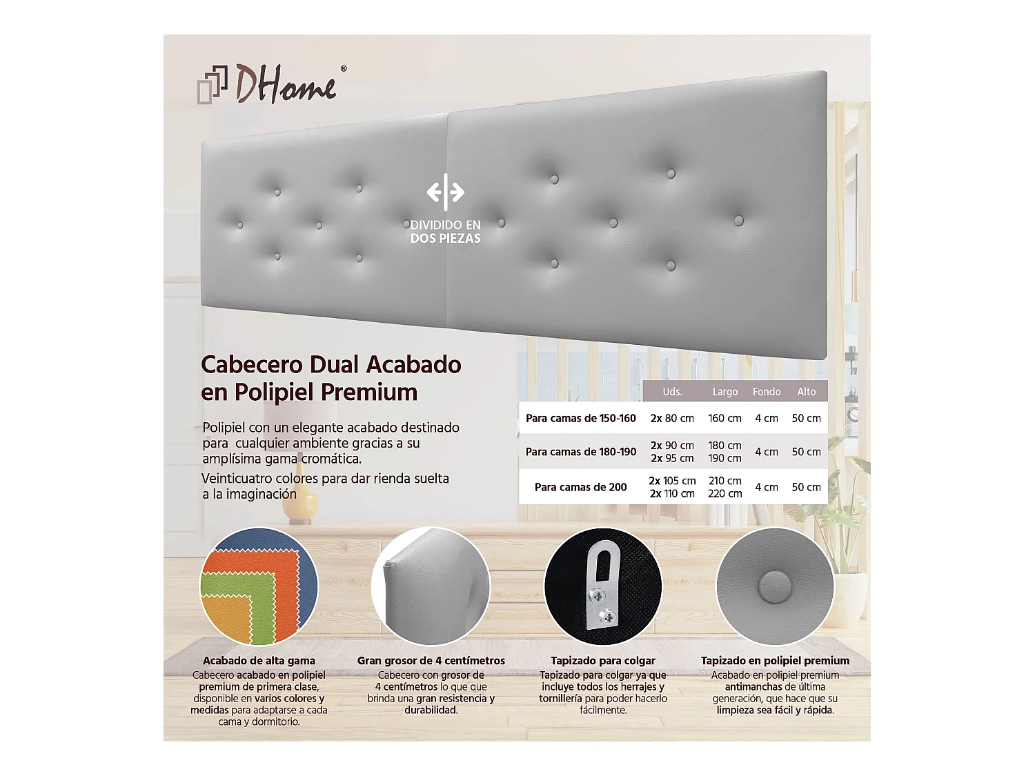 DHOME Tête de Lit en Similicuir avec 3 Rangées de Boutons Entrelacées Tête de Lit Rembourrée de Luxe (Gris Clair, 160cm (2 pièces))