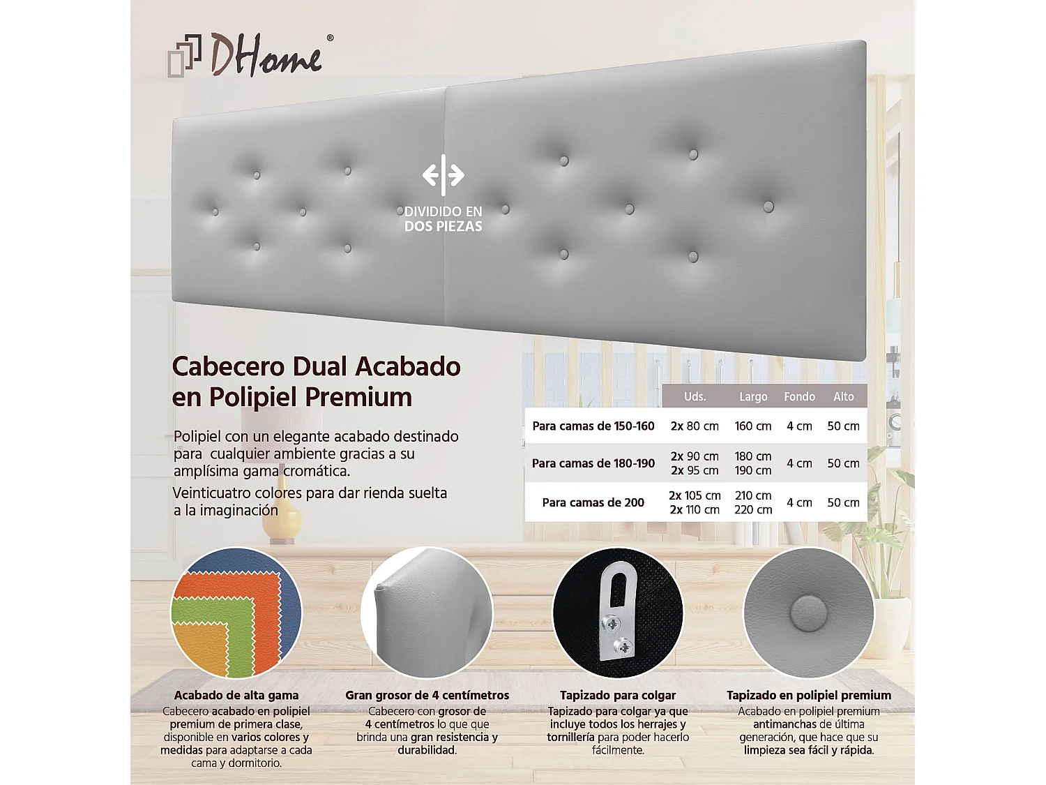 DHOME Tête de Lit en Similicuir avec 3 Rangées de Boutons Entrelacées Tête de Lit Rembourrée de Luxe (Gris Clair, 160cm (2 pièces))