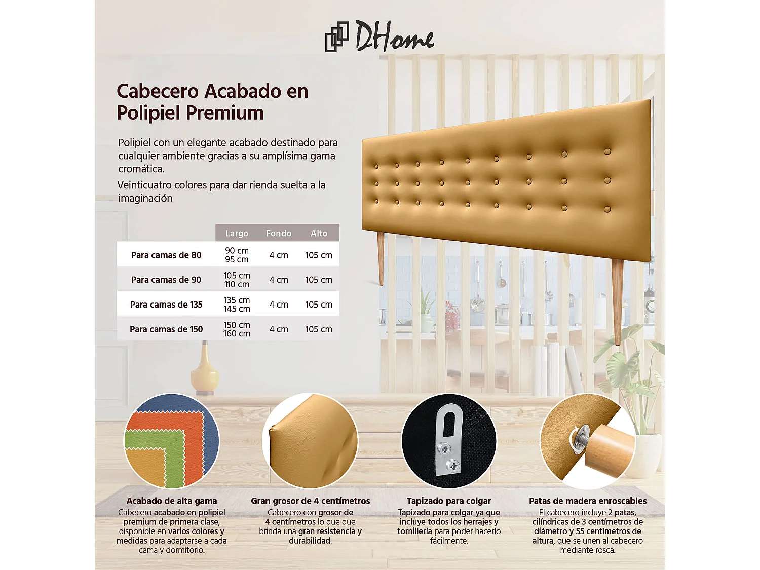 DHOME Kopfteil de Kunstleder mit 3 Knopfreihen und Beinen gepolstertes luxuriöses Bettkopfteil (Dorado, 150cm)