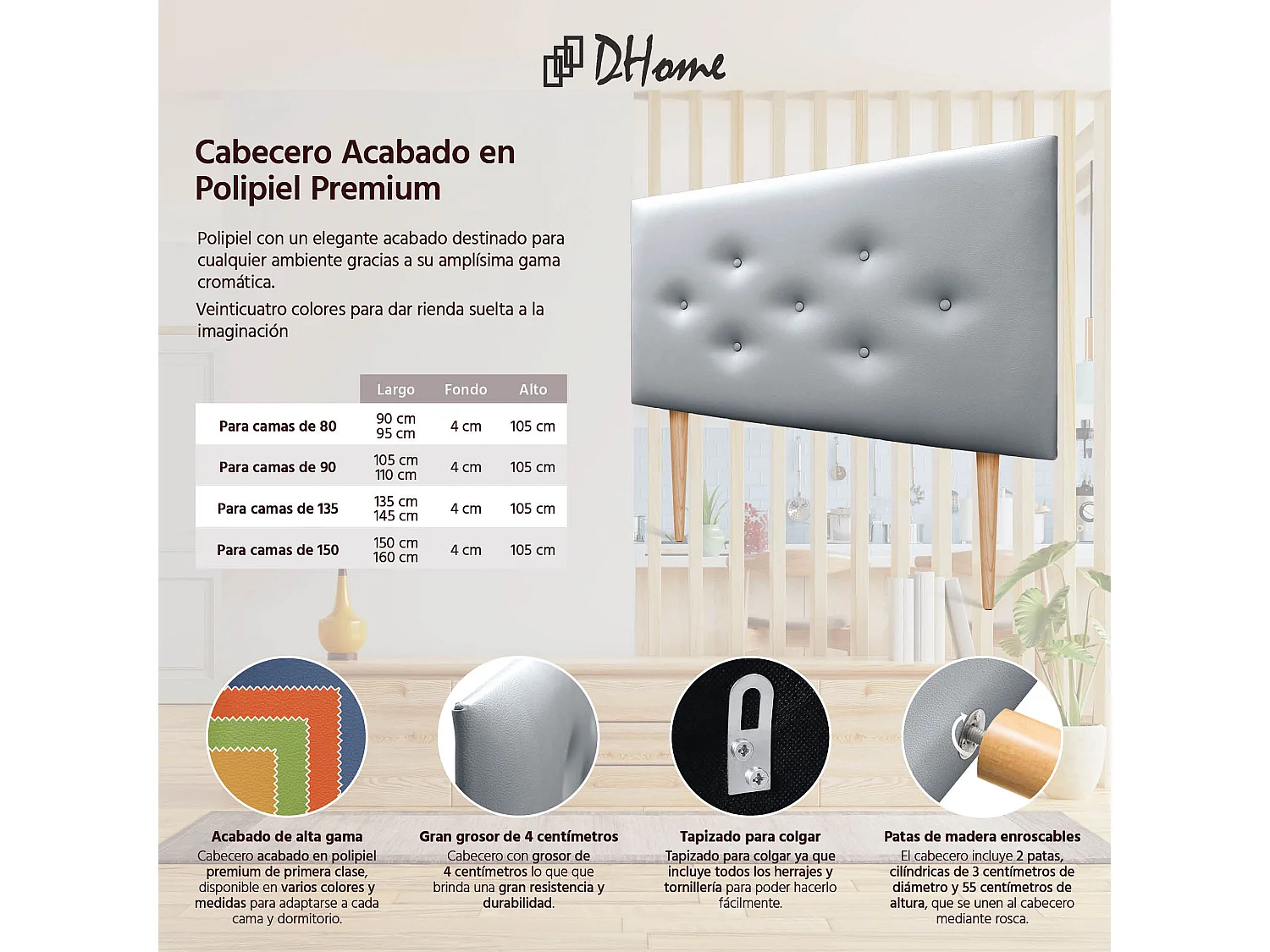 DHOME Tête de lit en simili cuir avec 3 rangées de boutons entrelacés Tête de lit rembourrée pour lit de luxe (Argent, 95cm)