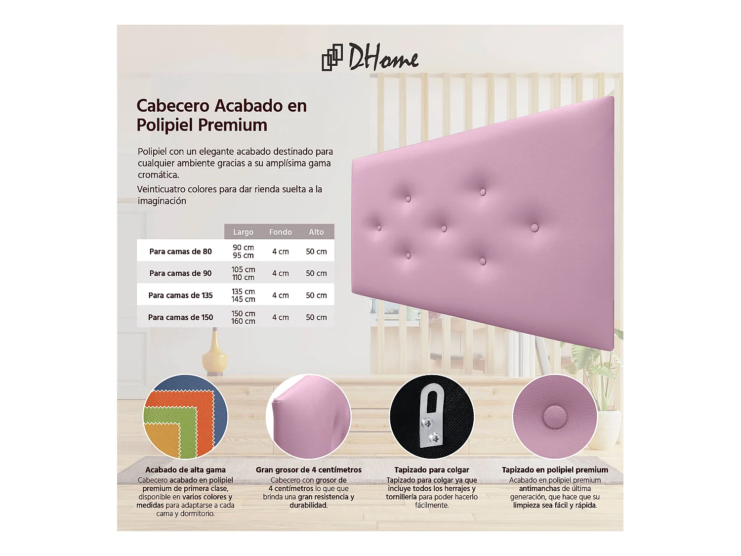 DHOME Tête de Lit en Similicuir avec 3 Rangées de Boutons Entrelacées Tête de Lit Rembourrée de Luxe (Rose, 90cm)