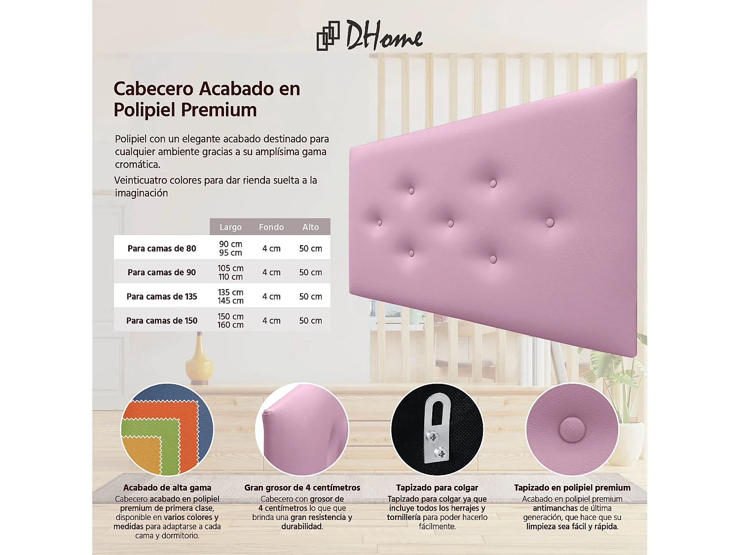 DHOME Tête de Lit en Similicuir avec 3 Rangées de Boutons Entrelacées Tête de Lit Rembourrée de Luxe (Rose, 90cm)