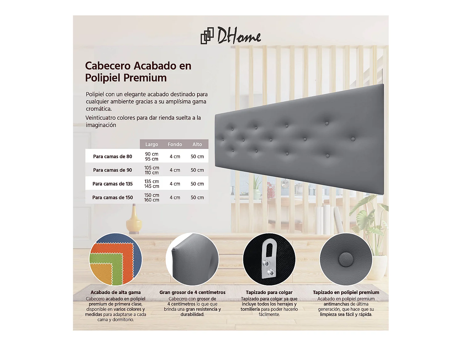 DHOME Tête de Lit en Similicuir avec 3 Rangées de Boutons Entrelacées Tête de Lit Rembourrée de Luxe (Gris, 150cm)