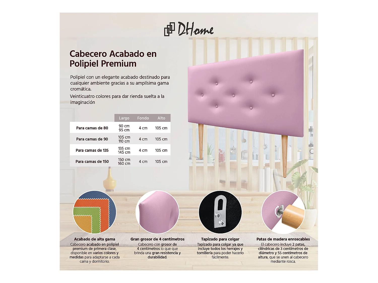 DHOME Tête de lit en simili cuir avec 3 rangées de boutons entrelacés Tête de lit rembourrée pour lit de luxe (Rose, 110cm)