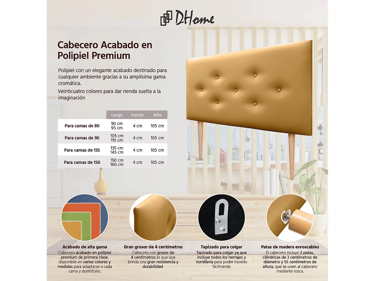 DHOME Tête de lit en simili cuir avec 3 rangées de boutons entrelacés Tête de lit rembourrée pour lit de luxe (Doré, 105cm)