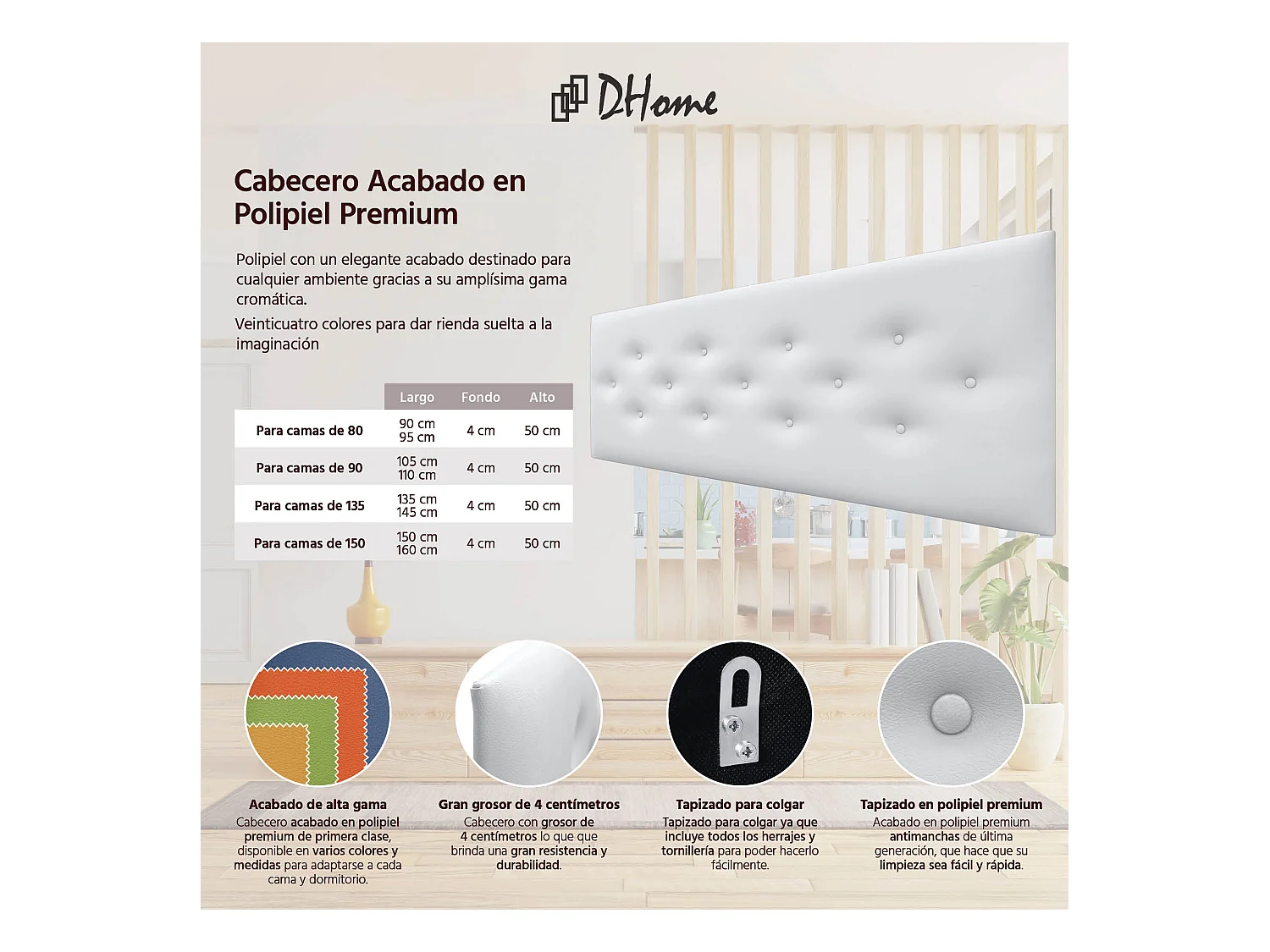 DHOME Testiera in Ecopelle con 3 File di Bottoni Alternati Testiera Imbottita Letto di Lusso (Bianco, 135cm)