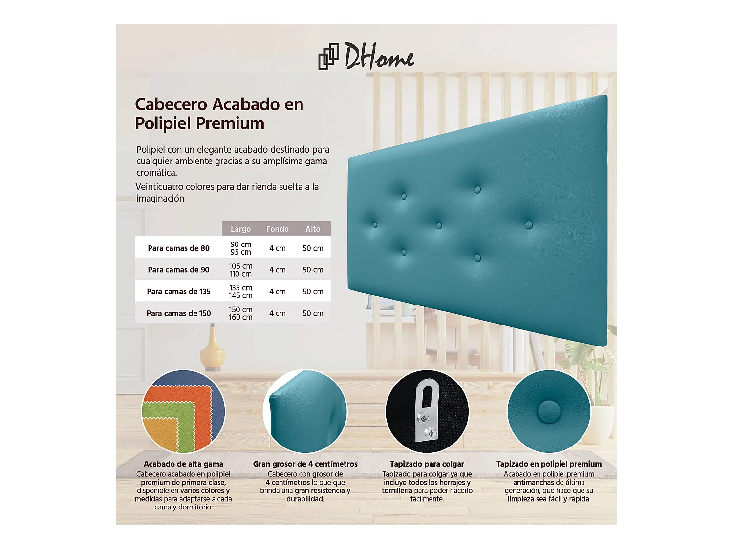 DHOME Tête de Lit en Similicuir avec 3 Rangées de Boutons Entrelacées Tête de Lit Rembourrée de Luxe (Turquoise, 90cm)