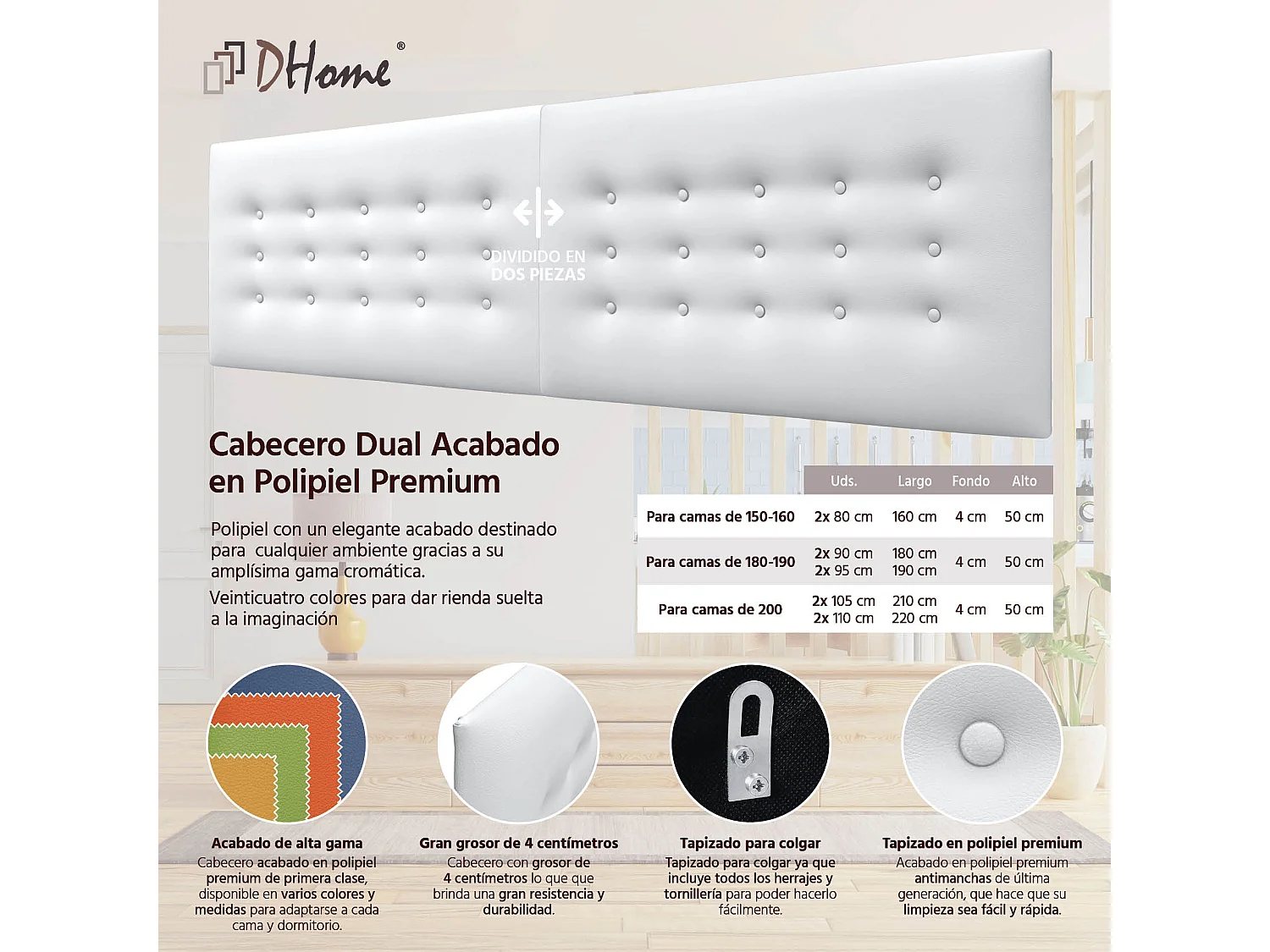 DHOME Hoofdbord de kunstleer met 3 rijen knopen gepolsterd luxe hoofdbord voor bed (Blanco, 210cm (2 piezas))