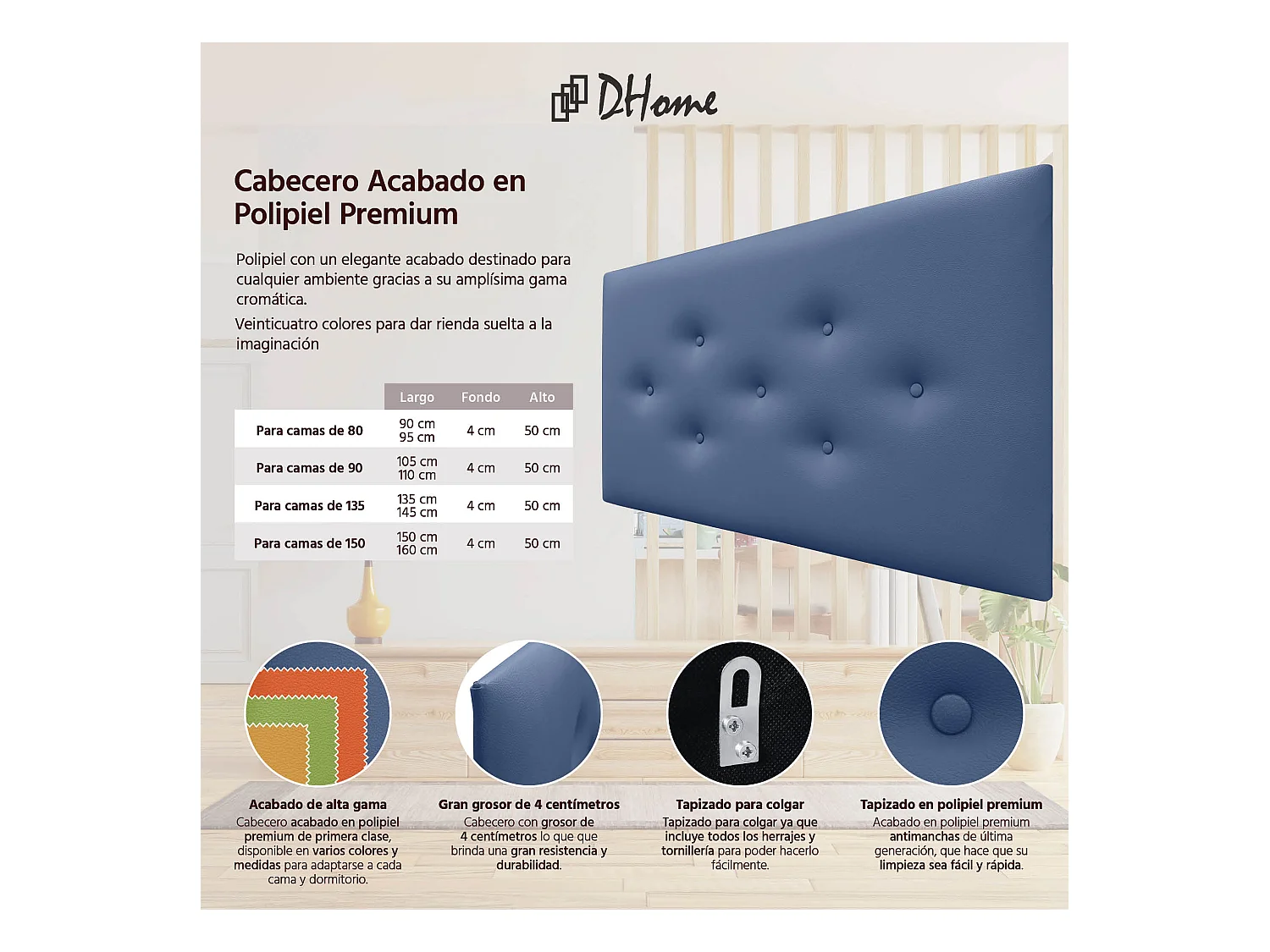 DHOME Tête de Lit en Similicuir avec 3 Rangées de Boutons Entrelacées Tête de Lit Rembourrée de Luxe (Bleu, 90cm)