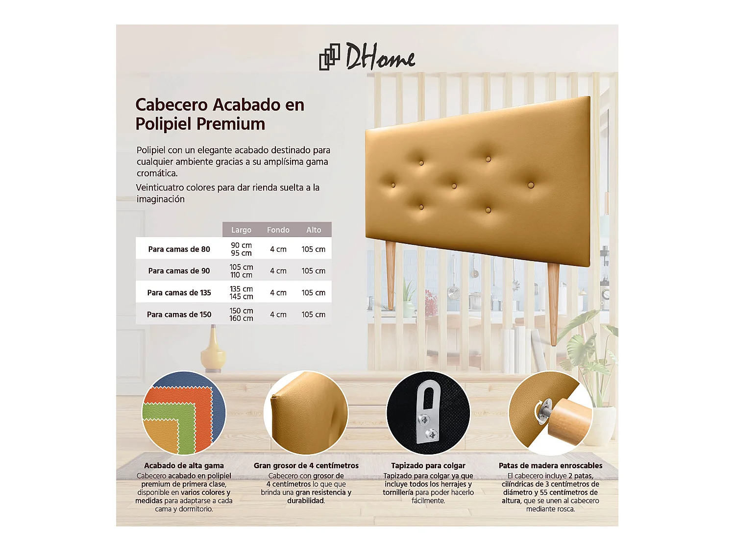 DHOME Tête de lit en simili cuir avec 3 rangées de boutons entrelacés Tête de lit rembourrée pour lit de luxe (Doré, 95cm)