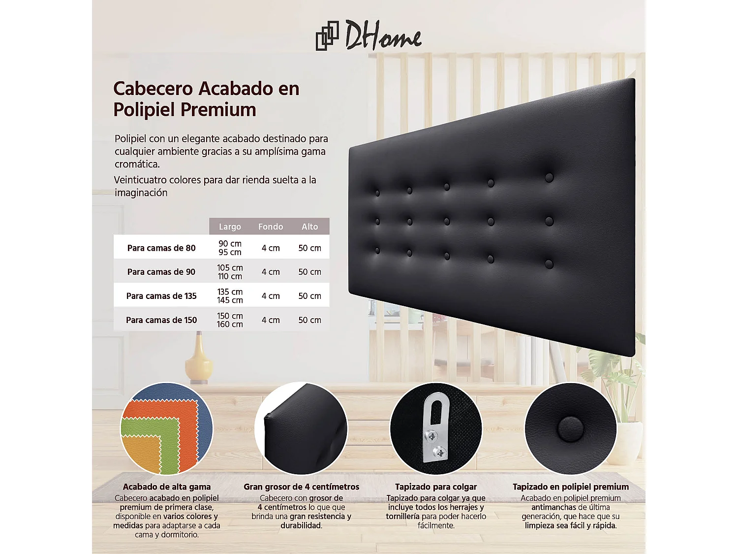 DHOME Hoofdbord de kunstleer met 3 rijen knopen gepolsterd luxe hoofdbord voor bed (Negro, 90cm)