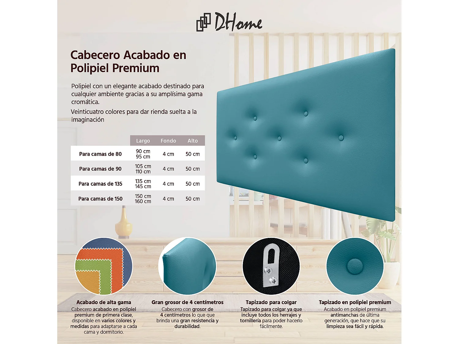 DHOME Tête de Lit en Similicuir avec 3 Rangées de Boutons Entrelacées Tête de Lit Rembourrée de Luxe (Turquoise, 105cm)