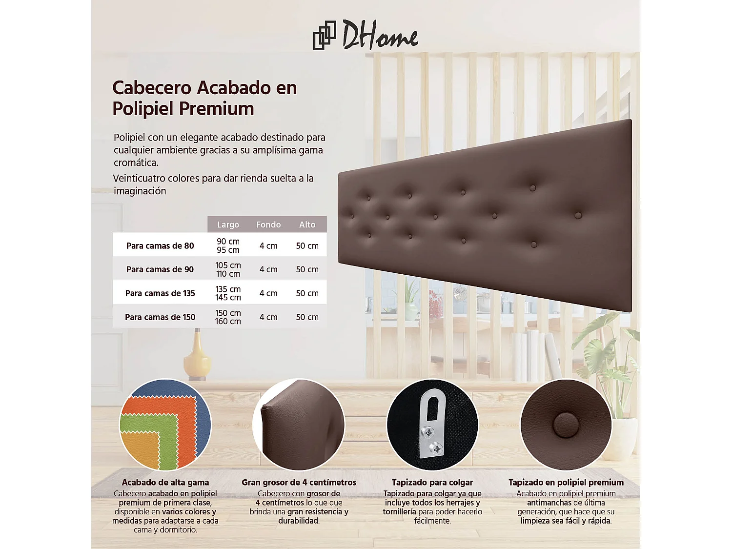 DHOME Tête de Lit en Similicuir avec 3 Rangées de Boutons Entrelacées Tête de Lit Rembourrée de Luxe (Chocolat, 150cm)
