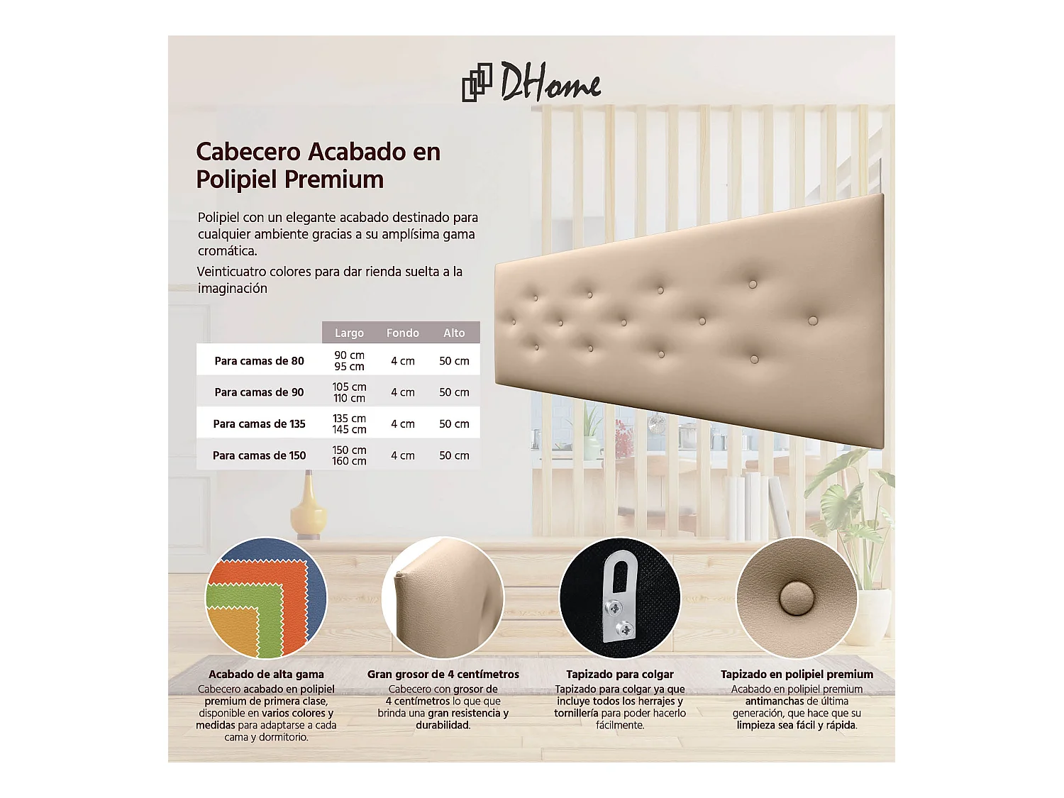 DHOME Kopfteil aus Kunstleder mit 3 versetzten Knopf-Reihen, luxuriös gepolstertes Bettkopfteil (Champagner, 145cm)