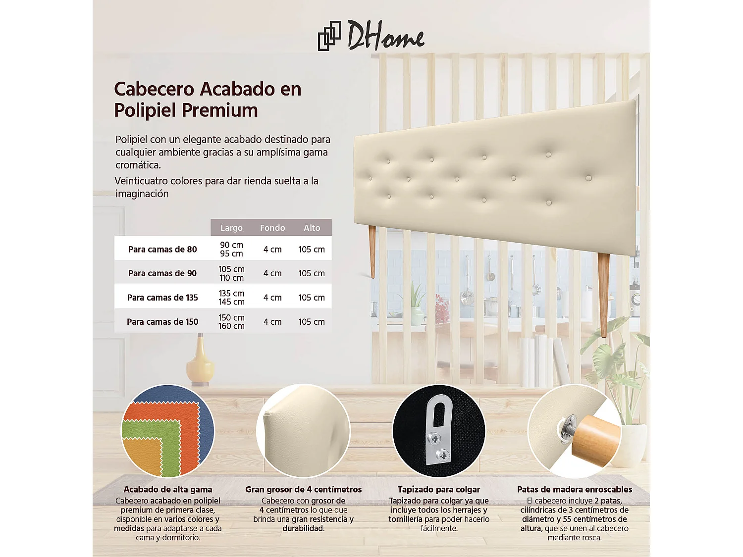 DHOME Tête de lit en simili cuir avec 3 rangées de boutons entrelacés Tête de lit rembourrée pour lit de luxe (Vanille, 150cm)