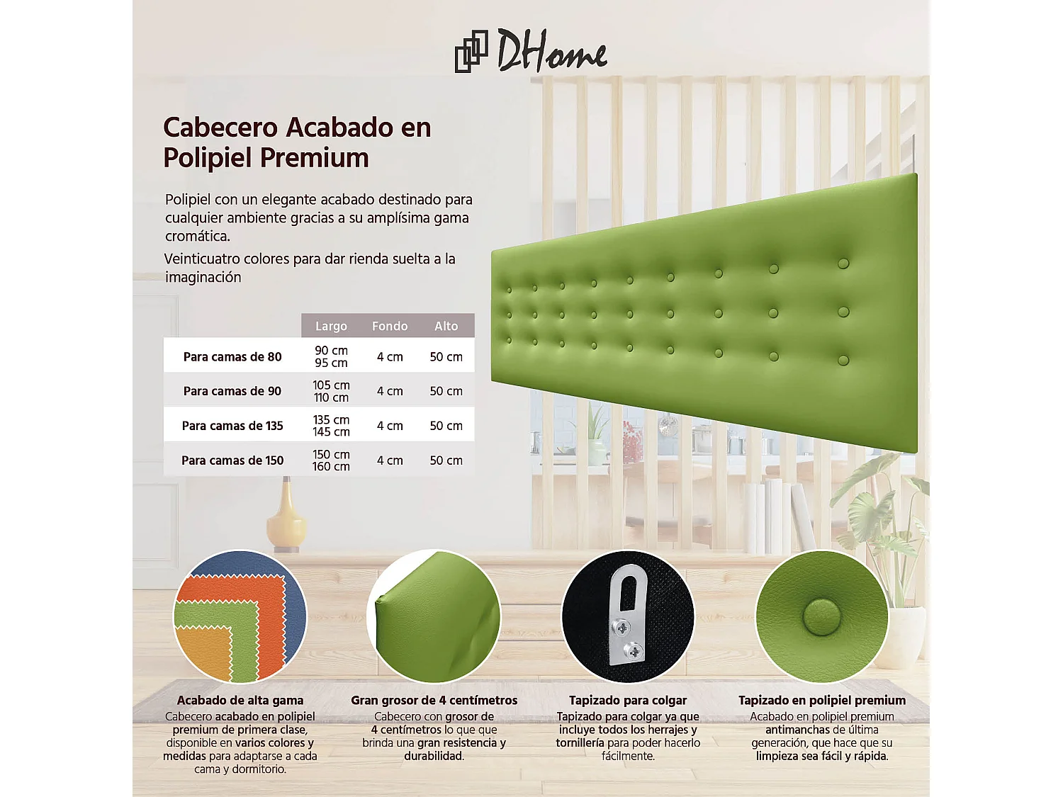 DHOME Kopfteil de Kunstleder mit 3 Knopfreihen gepolstertes luxuriöses Bettkopfteil (Verde, 150cm)