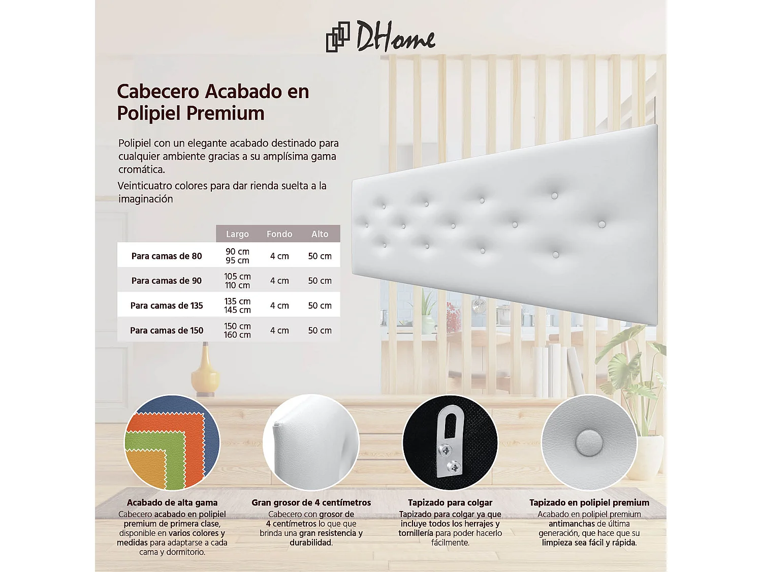 DHOME Tête de Lit en Similicuir avec 3 Rangées de Boutons Entrelacées Tête de Lit Rembourrée de Luxe (Blanc, 160cm)