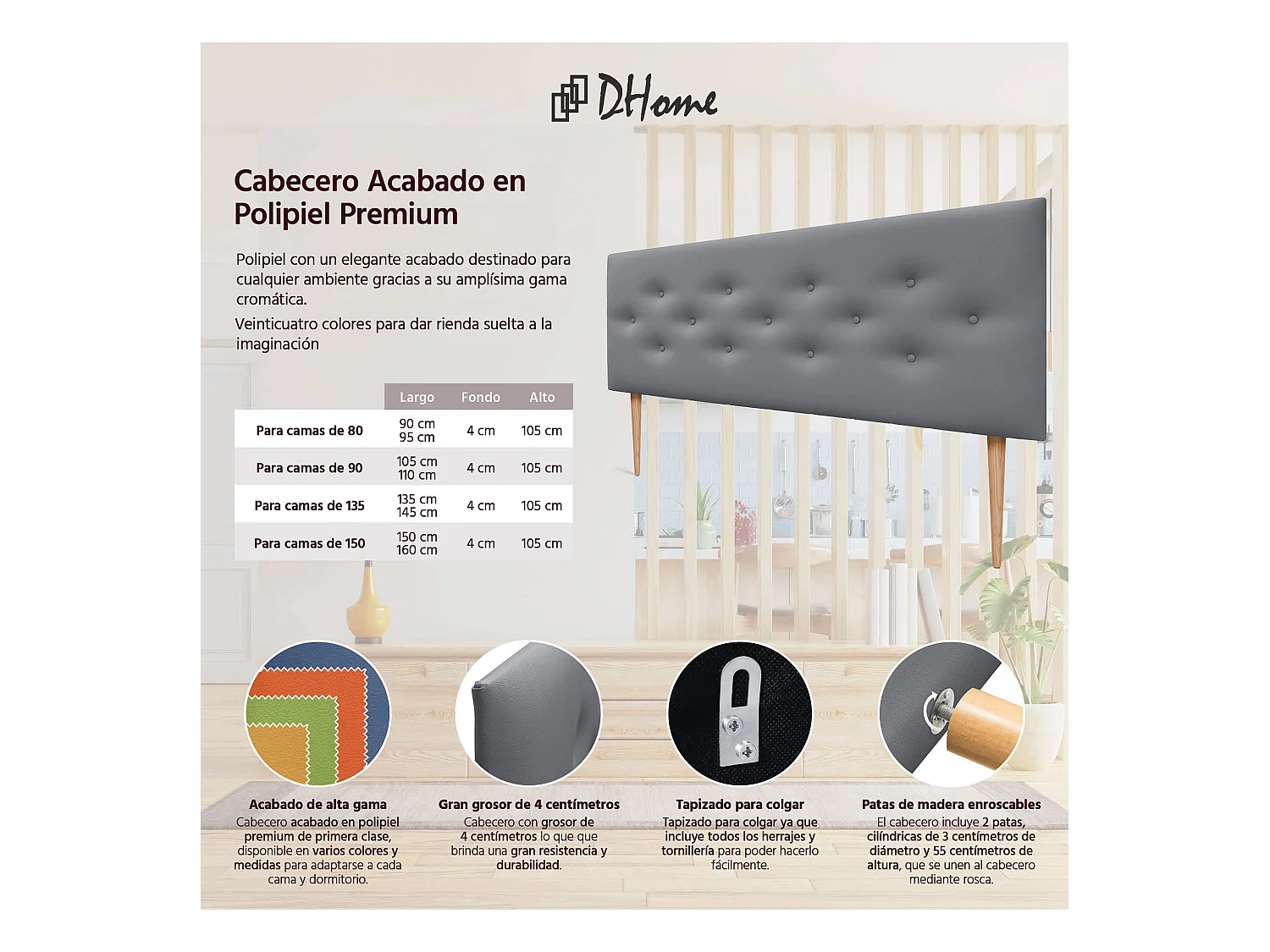 DHOME Tête de lit en simili cuir avec 3 rangées de boutons entrelacés Tête de lit rembourrée pour lit de luxe (Gris, 150cm)