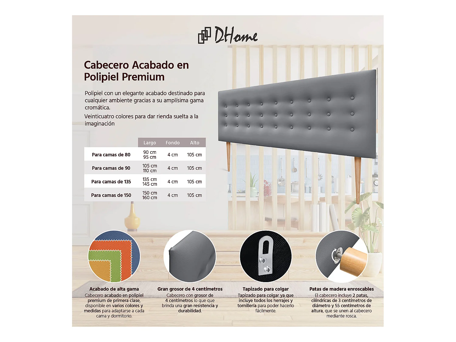 DHOME Testiera in ecopelle con 3 file di bottoni Testiera imbottita per letto di lusso (Grigio, 160cm)