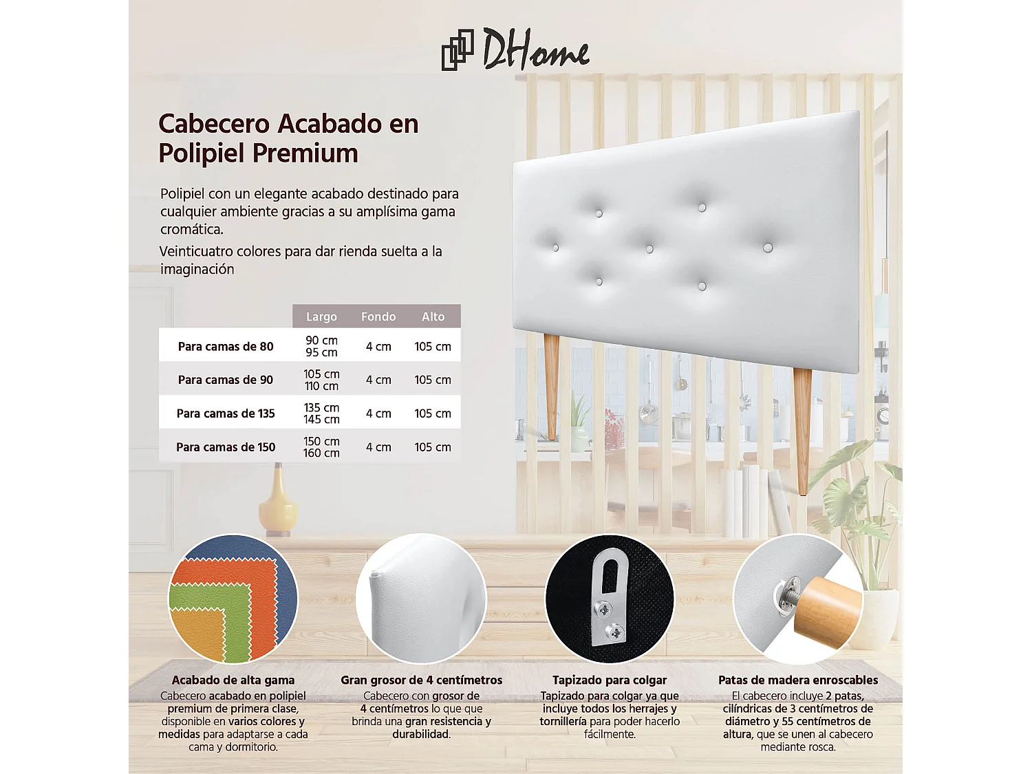 DHOME Cabeceira em couro sintético com 3 fileiras de botões entrelaçados Cabeceira estofada para cama de luxo (Branco, 110cm)