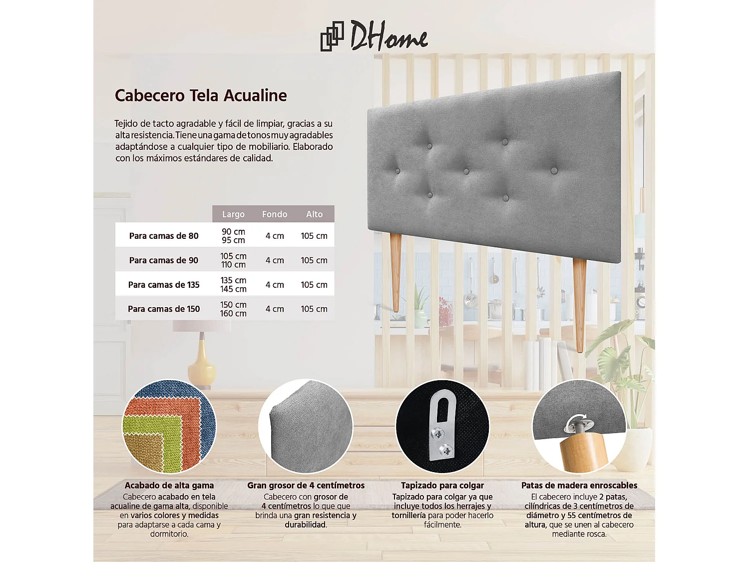 DHOME Tête de Lit en Tissu ACUALINE avec 3 Rangées Entrelacées de Boutons et Pieds Tête de Lit Capitonnée de Luxe(Gris, 105cm)