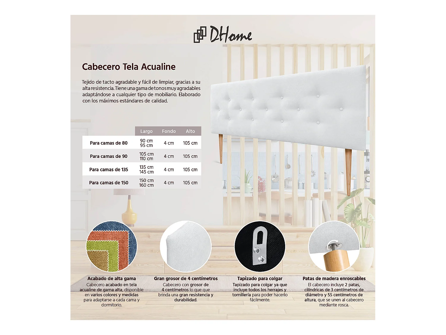 DHOME Tête de Lit en Tissu ACUALINE avec 3 Rangées Entrelacées de Boutons et Pieds Tête de Lit Capitonnée de Luxe(Blanc, 145cm)