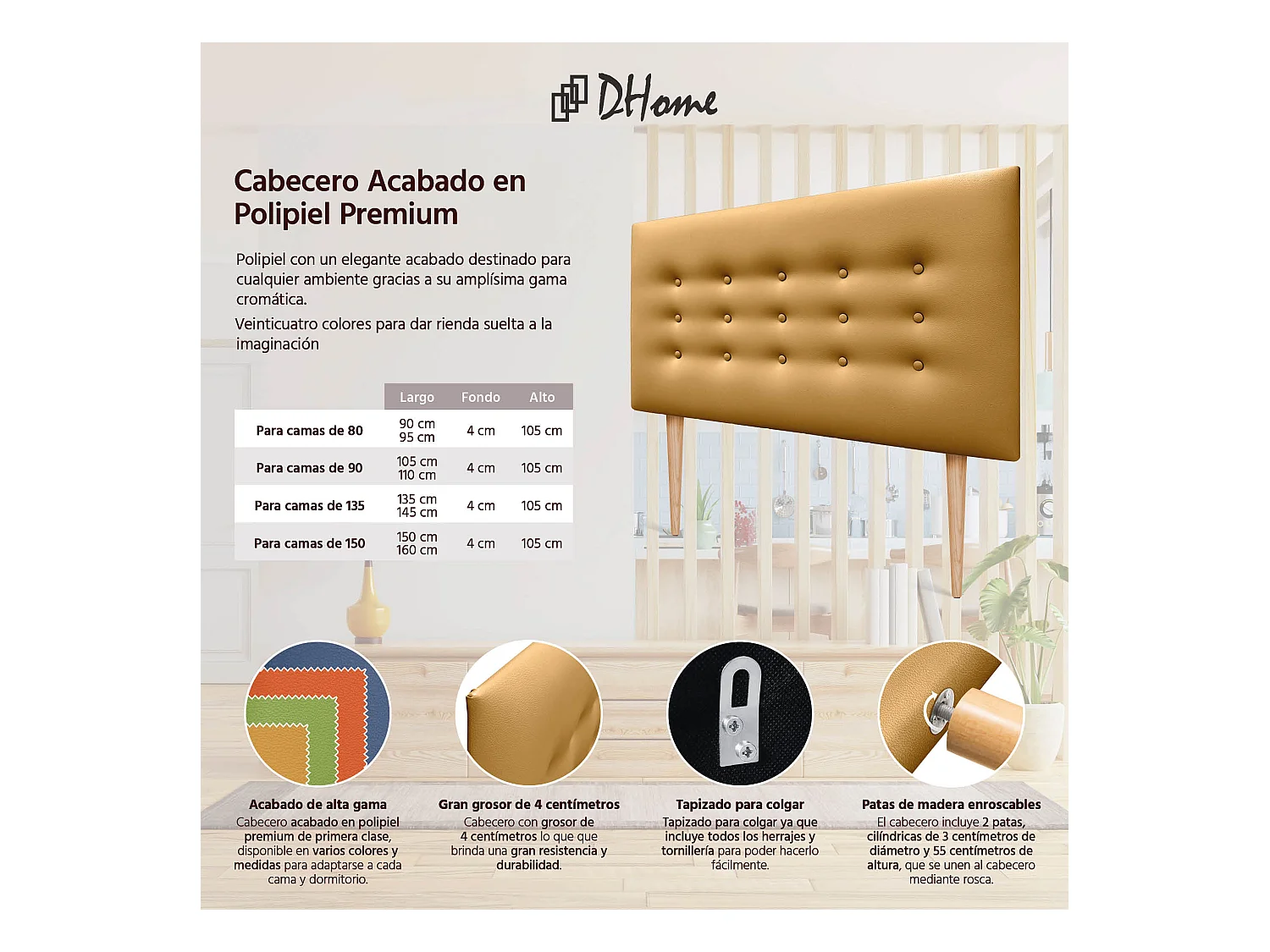 DHOME Testiera in ecopelle con 3 file di bottoni Testiera imbottita per letto di lusso (Dorato, 105cm)