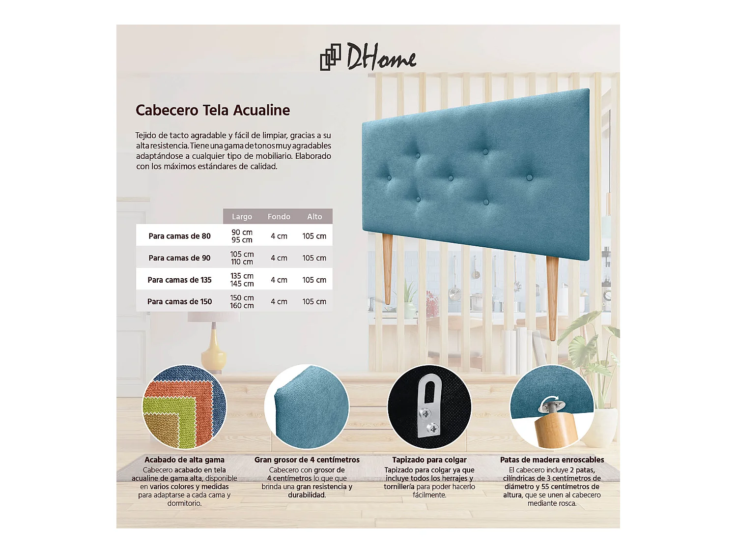 DHOME Tête de Lit en Tissu ACUALINE avec 3 Rangées Entrelacées de Boutons et Pieds Tête de Lit Capitonnée de Luxe(Turquoise, 105cm)