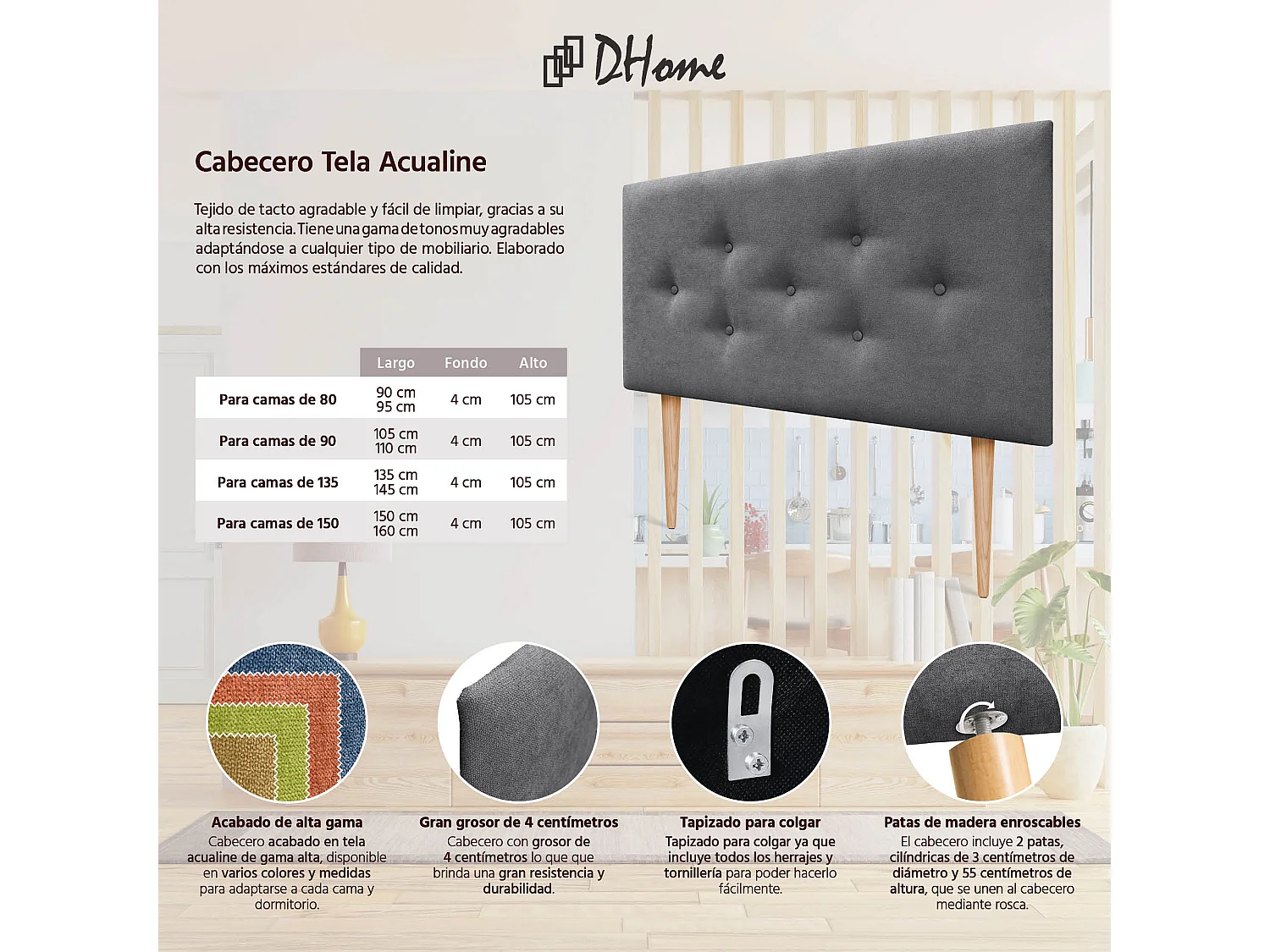 DHOME Tête de Lit en Tissu ACUALINE avec 3 Rangées Entrelacées de Boutons et Pieds Tête de Lit Capitonnée de Luxe(Gris Ceniza, 105cm)