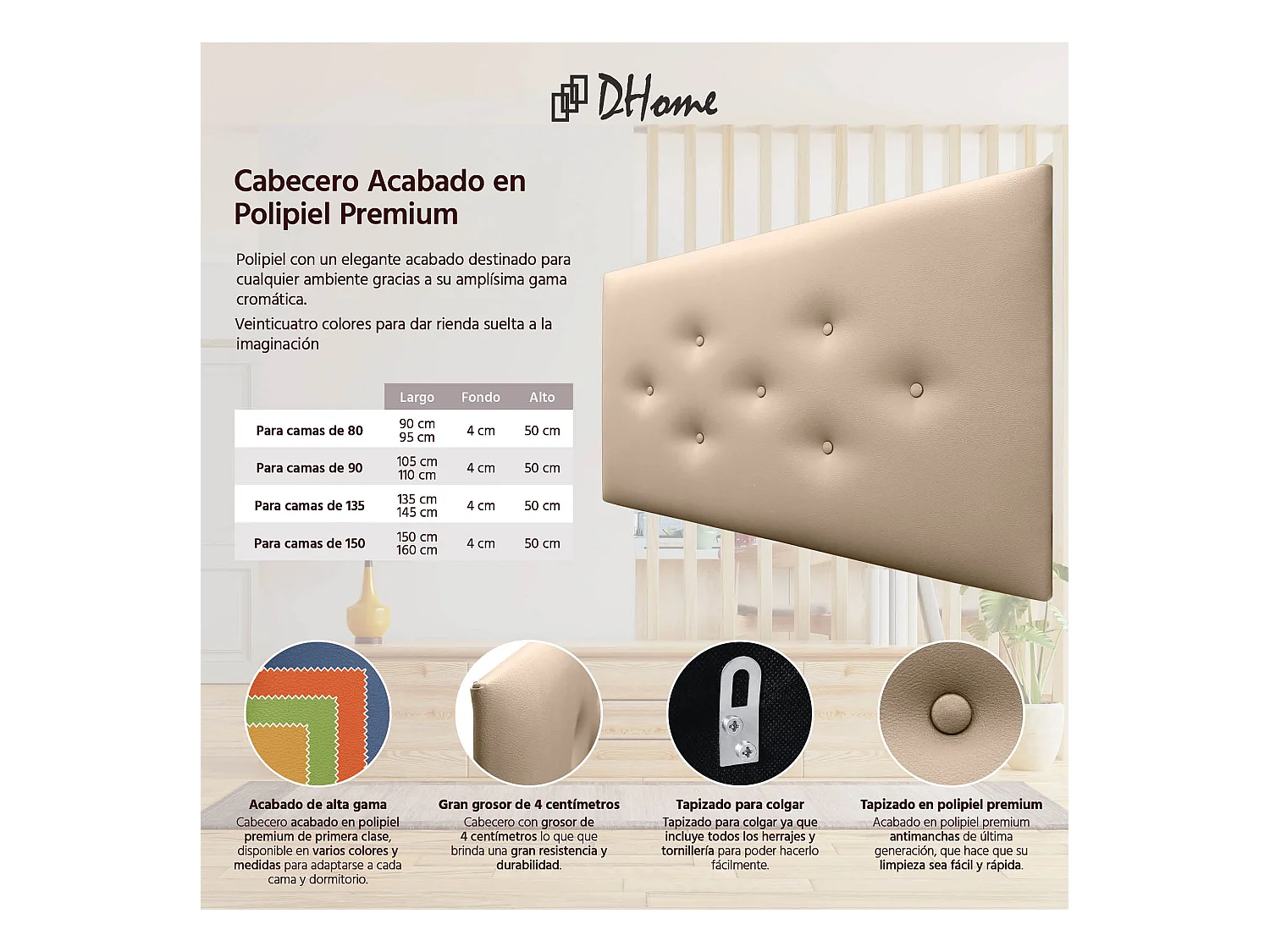 DHOME Tête de Lit en Similicuir avec 3 Rangées de Boutons Entrelacées Tête de Lit Rembourrée de Luxe (Champagne, 95cm)