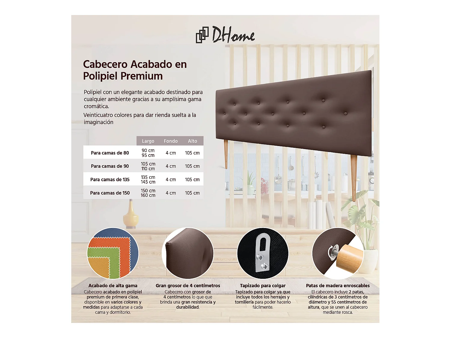 DHOME Tête de lit en simili cuir avec 3 rangées de boutons entrelacés Tête de lit rembourrée pour lit de luxe (Chocolat, 150cm)