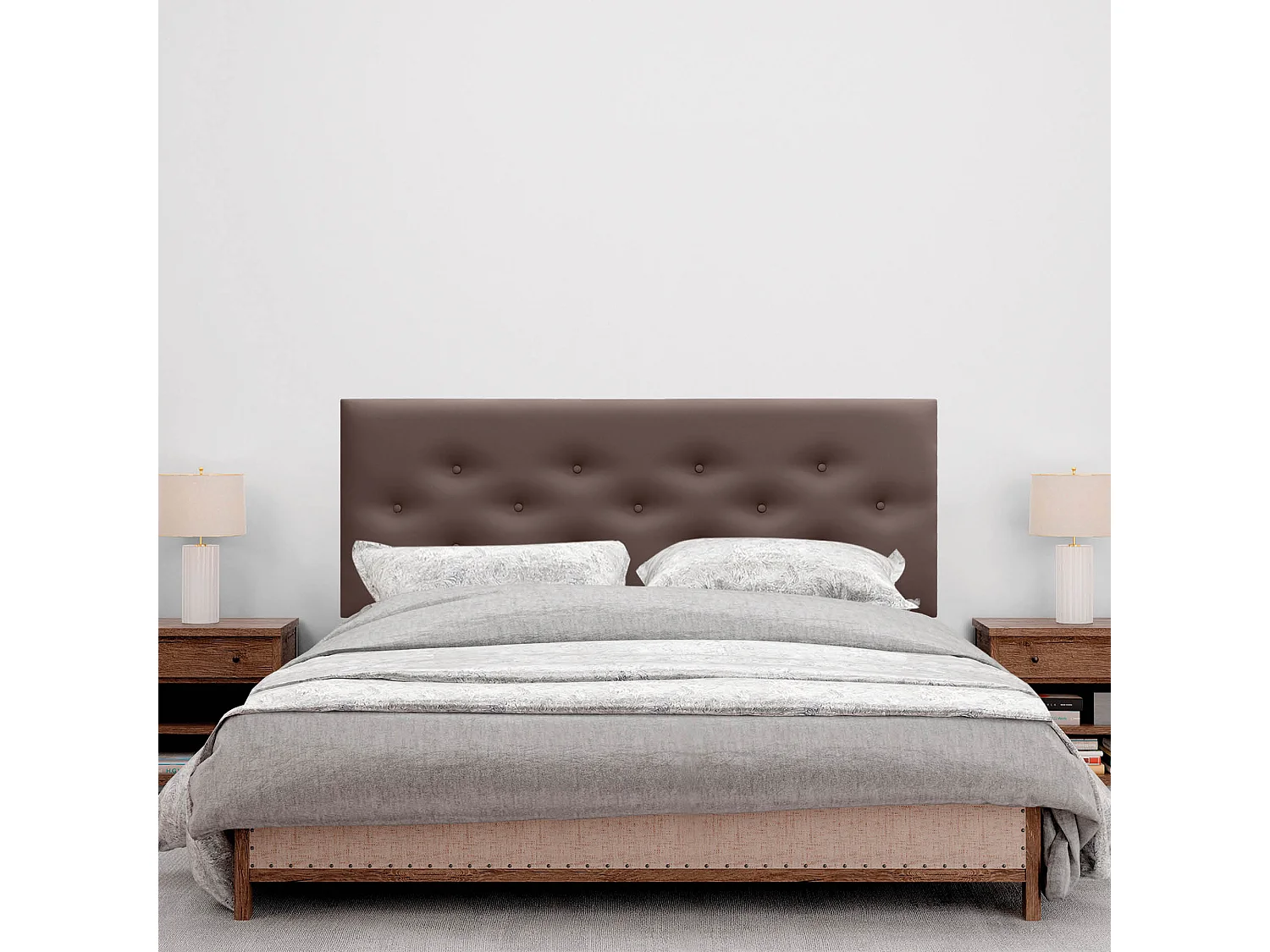 DHOME Kunstleder-Kopfteil mit 3 versetzten Knopfreihen und Füßen, luxuriöses gepolstertes Bettkopfteil (Schokolade, 150cm)