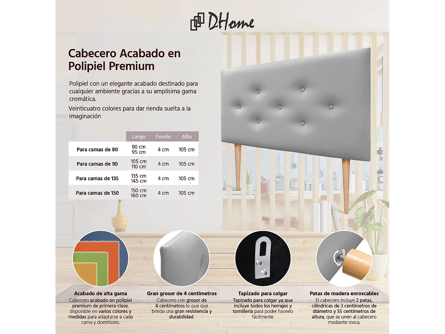 DHOME Testiera in ecopelle con 3 file di bottoni intrecciati Testiera imbottita per letto di lusso (Grigio, 110cm)