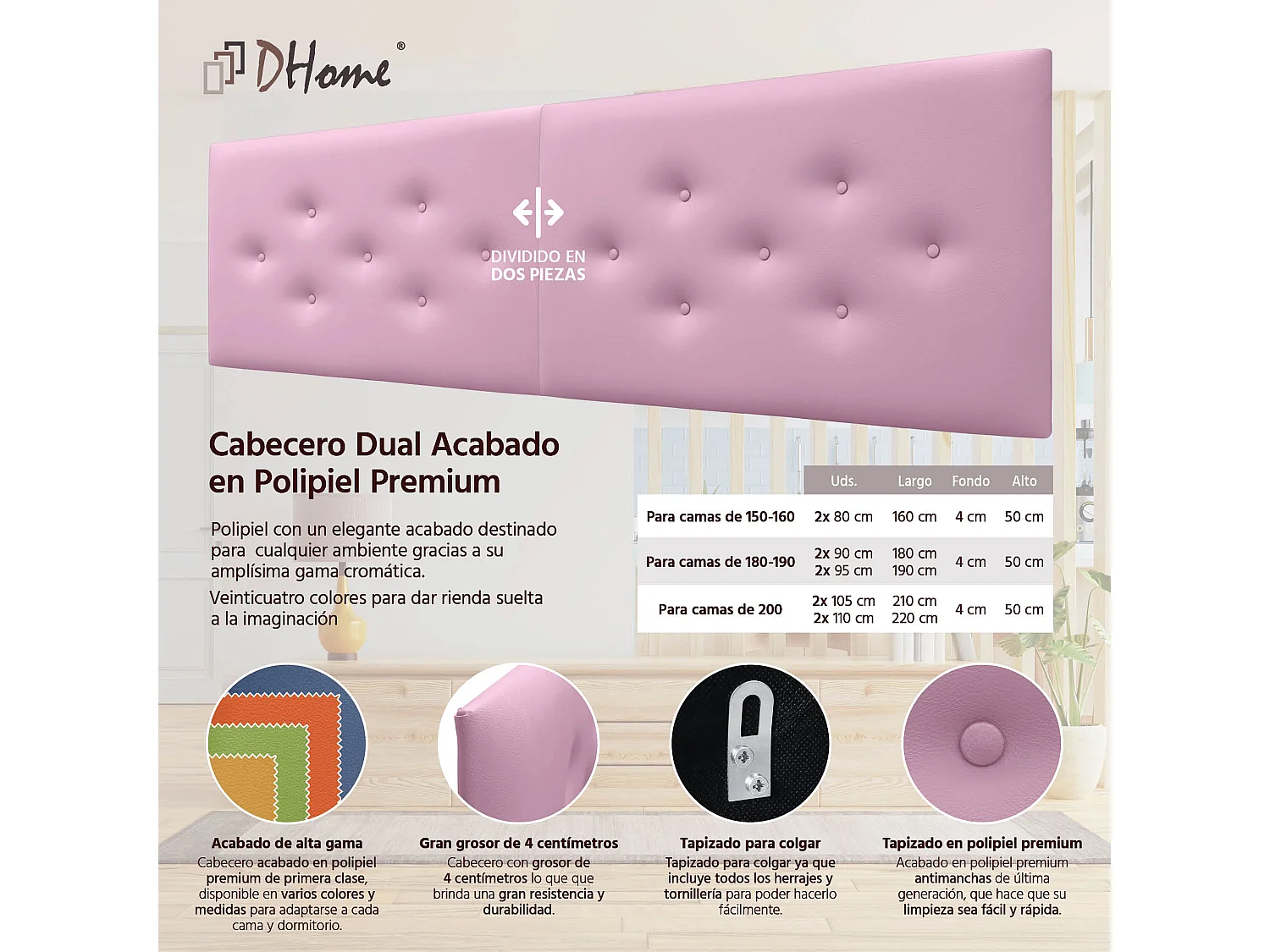 DHOME Tête de Lit en Similicuir avec 3 Rangées de Boutons Entrelacées Tête de Lit Rembourrée de Luxe (Rose, 210cm (2 pièces))