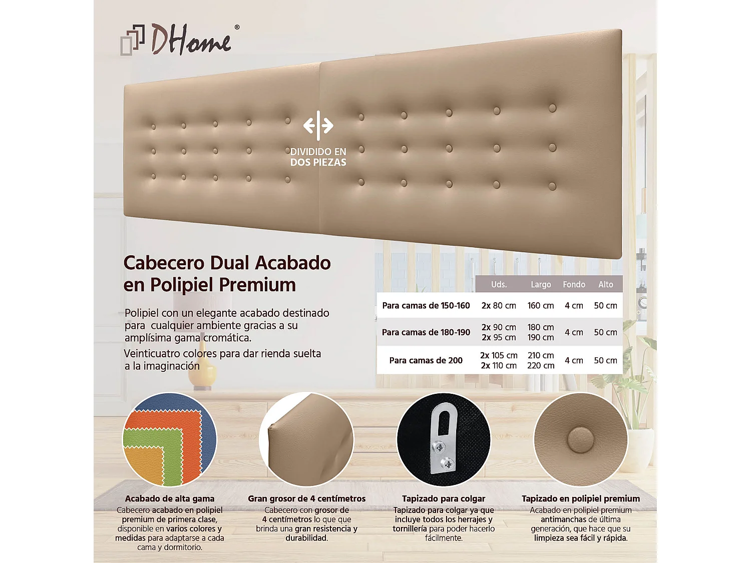 DHOME Tête de Lit en Similicuir avec 3 Rangées de Boutons Tête de Lit Rembourrée de Luxe (Marron Clair, 190cm (2 pièces))