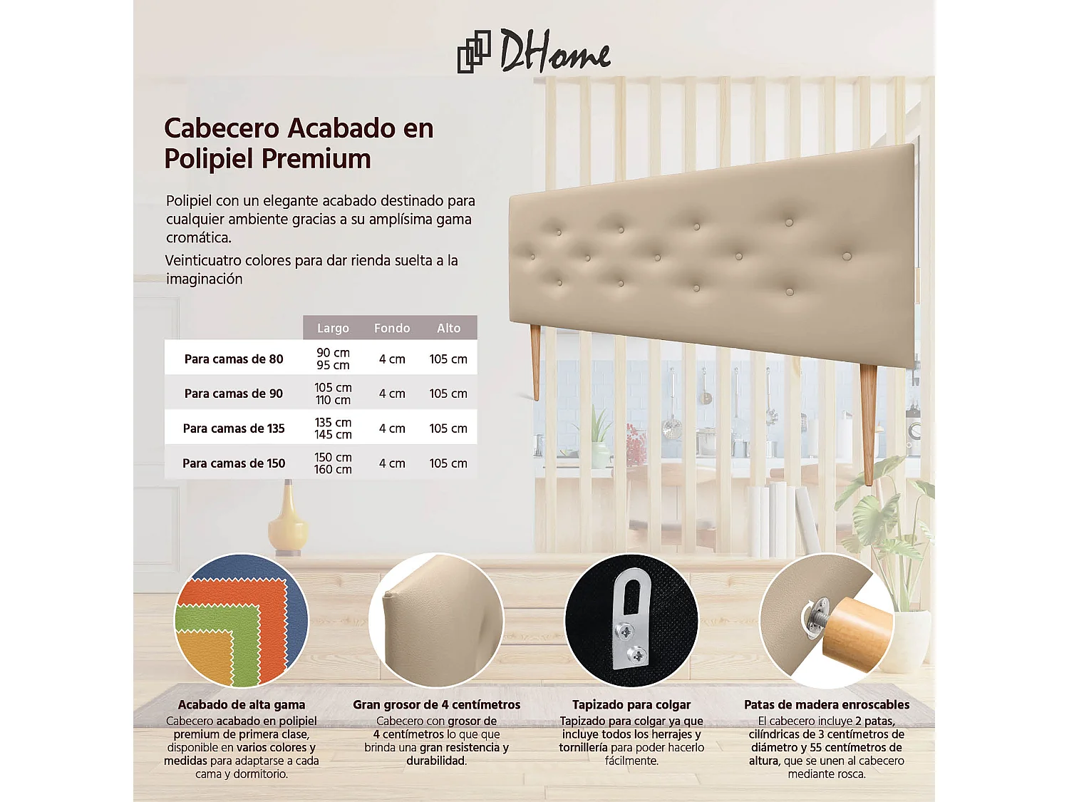 DHOME Kunstlederen hoofdbord met 3 afwisselende rijen knopen en poten, luxe gestoffeerd hoofdeinde (Beige, 135cm)