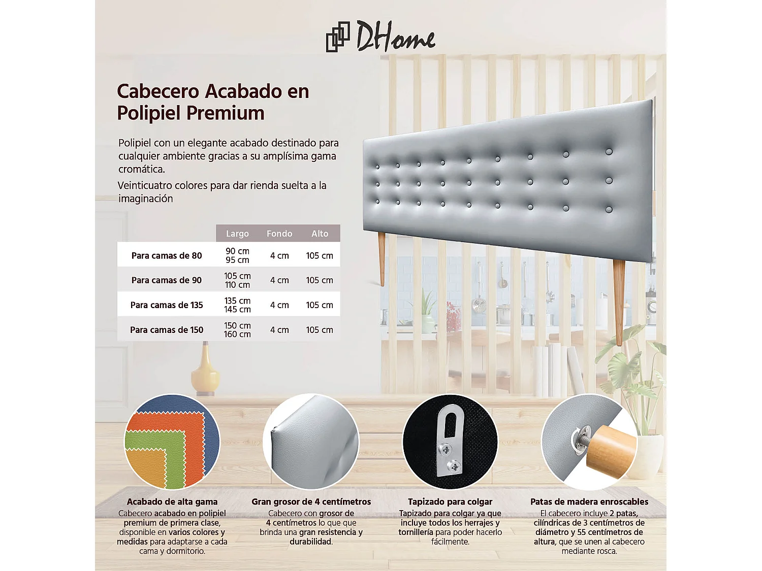 DHOME Testiera in ecopelle con 3 file di bottoni Testiera imbottita per letto di lusso (Argento, 150cm)