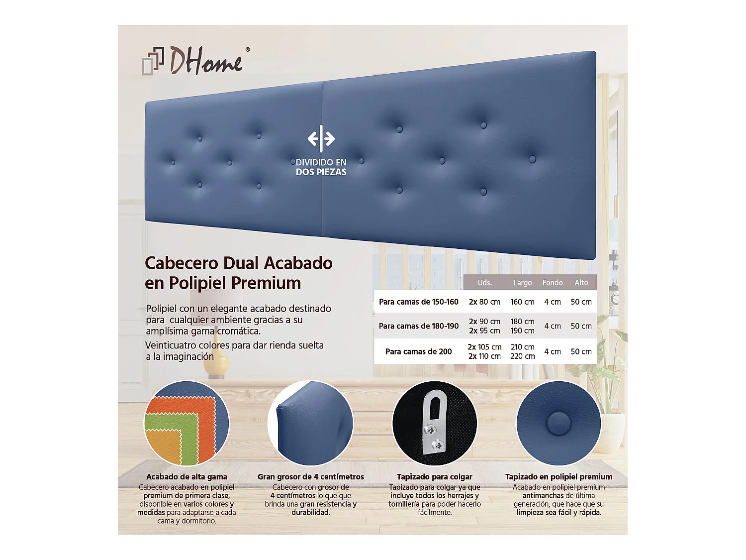 DHOME Tête de Lit en Similicuir avec 3 Rangées de Boutons Entrelacées Tête de Lit Rembourrée de Luxe (Bleu, 220cm (2 pièces))