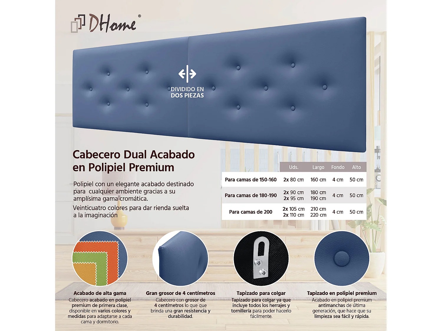 DHOME Cabecero de Polipiel con 3 Hileras Intercaladas de Botones Cabezal Tapizado Cama Lujo (Azul, 220cm (2 piezas))