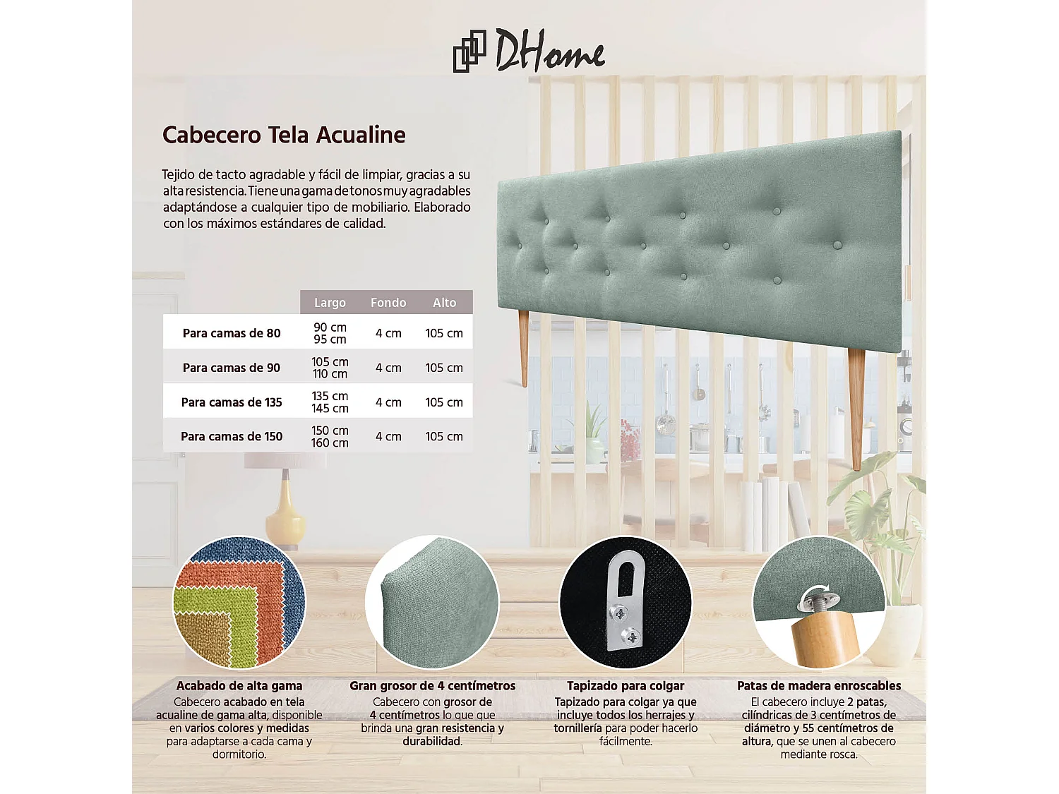 DHOME Tête de Lit en Tissu ACUALINE avec 3 Rangées Entrelacées de Boutons et Pieds Tête de Lit Capitonnée de Luxe(Vert d’eau, 135cm)