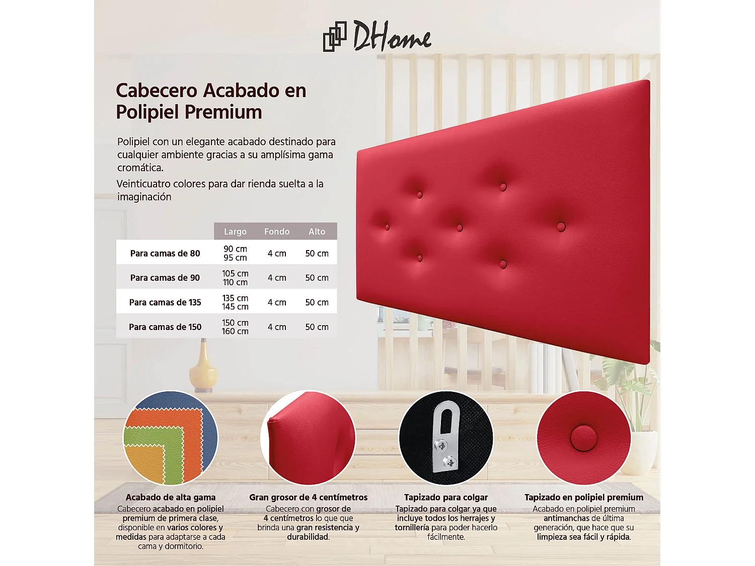 DHOME Tête de Lit en Similicuir avec 3 Rangées de Boutons Entrelacées Tête de Lit Rembourrée de Luxe (Rouge, 110cm)