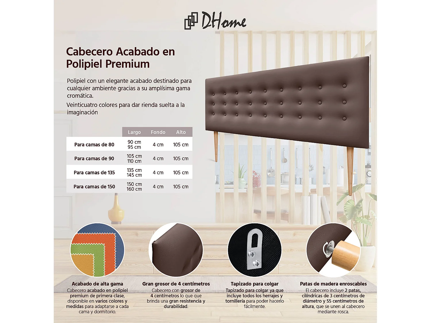 DHOME Testiera in ecopelle con 3 file di bottoni Testiera imbottita per letto di lusso (Cioccolato, 160cm)