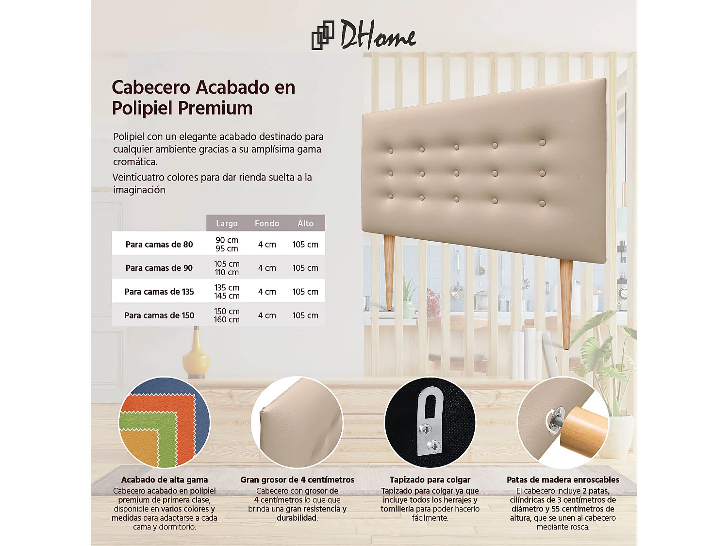 DHOME Hoofdbord de kunstleer met 3 rijen knopen en poten gepolsterd luxe hoofdbord voor bed (Beige, 110cm)