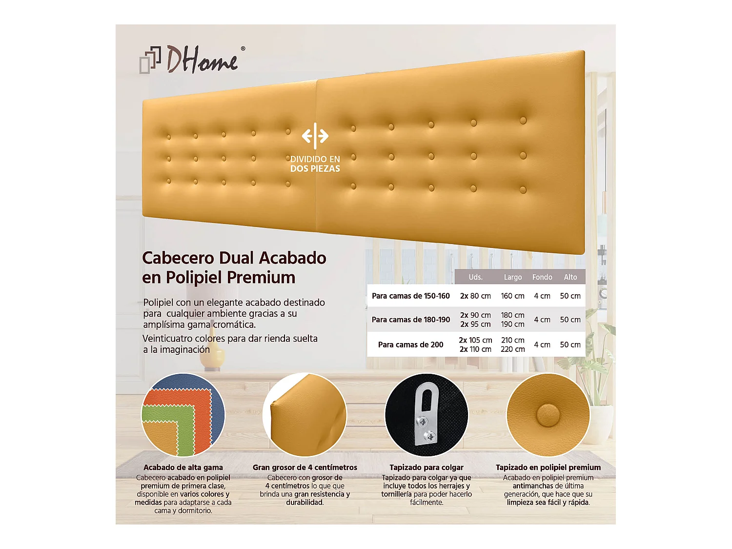 DHOME Kopfteil de Kunstleder mit 3 Knopfreihen gepolstertes luxuriöses Bettkopfteil (Mostaza, 180cm (2 piezas))