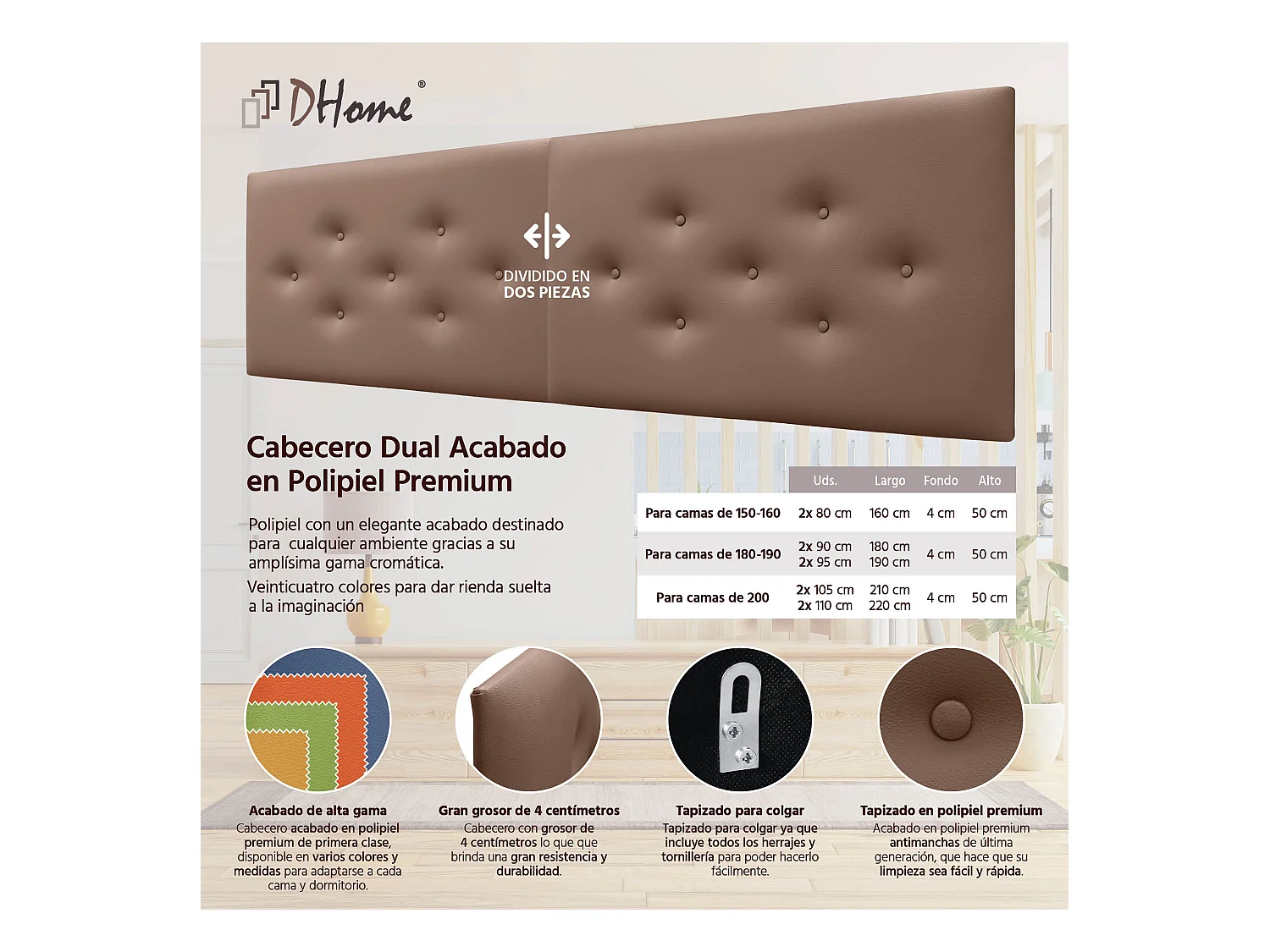 DHOME Tête de Lit en Similicuir avec 3 Rangées de Boutons Entrelacées Tête de Lit Rembourrée de Luxe (Beige, 180cm (2 pièces))